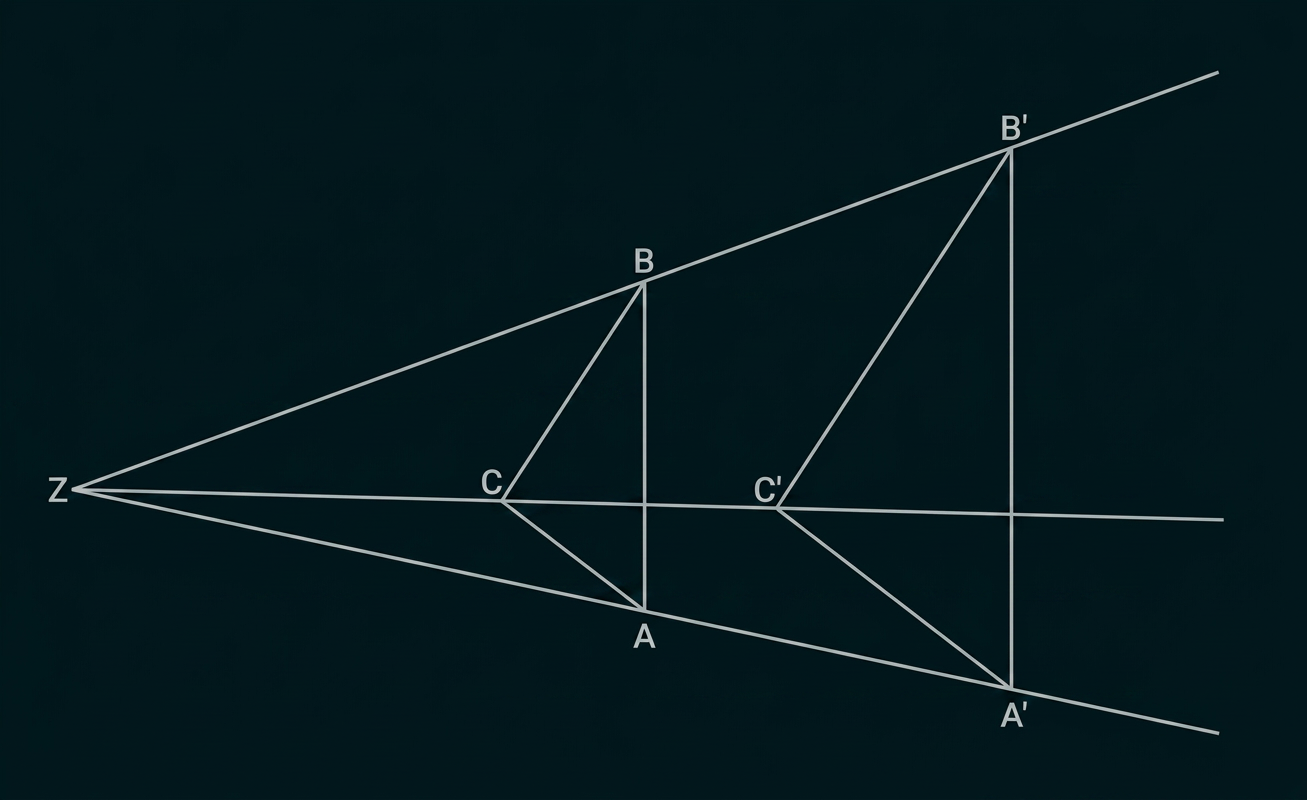 Geometrische Darstellung einer zentrischen Streckung mit den Punkten A, B, C sowie deren Bildpunkten A′, B′, C′.